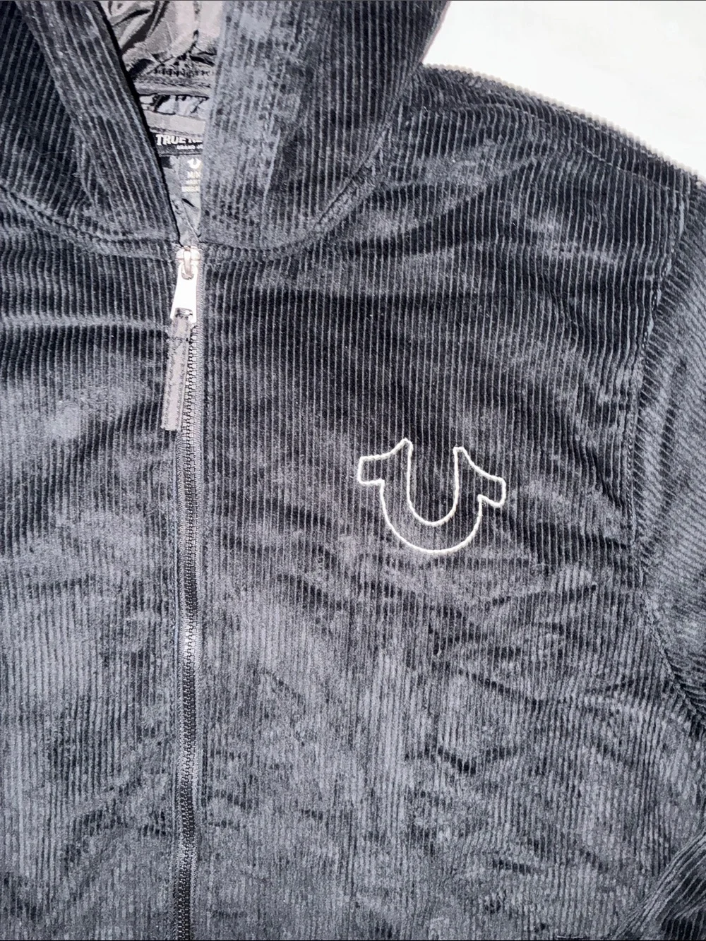 True Religion Black Hooded Corduroy Zip-Up Jacket